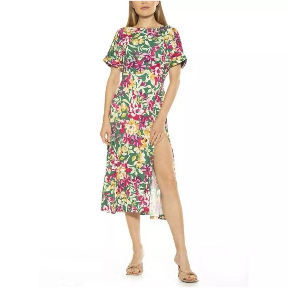 Alexia Admor Lana Green Multicolor Floral Boatneck Leg Slit Midi‎ Dress 2X